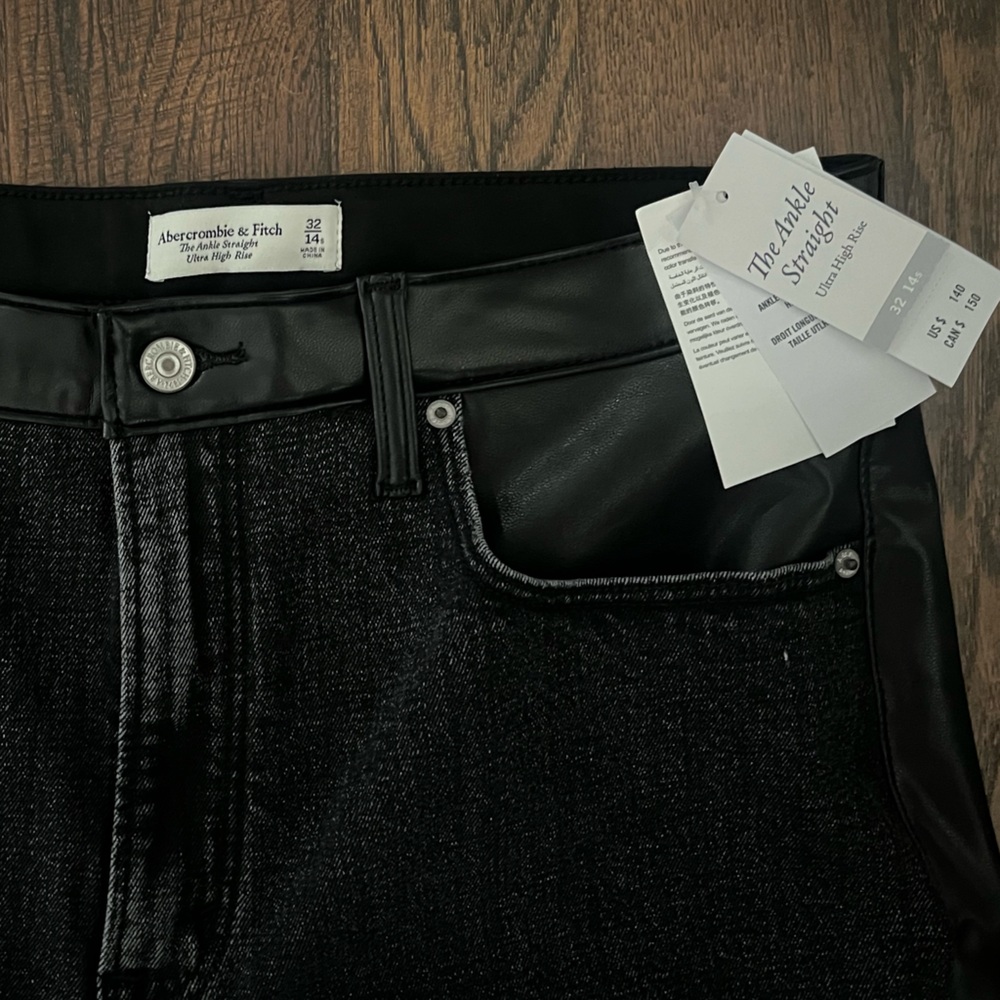 Abercrombie & Fitch Ultra High Rise Ankle Straight Black Leather & Denim Jeans